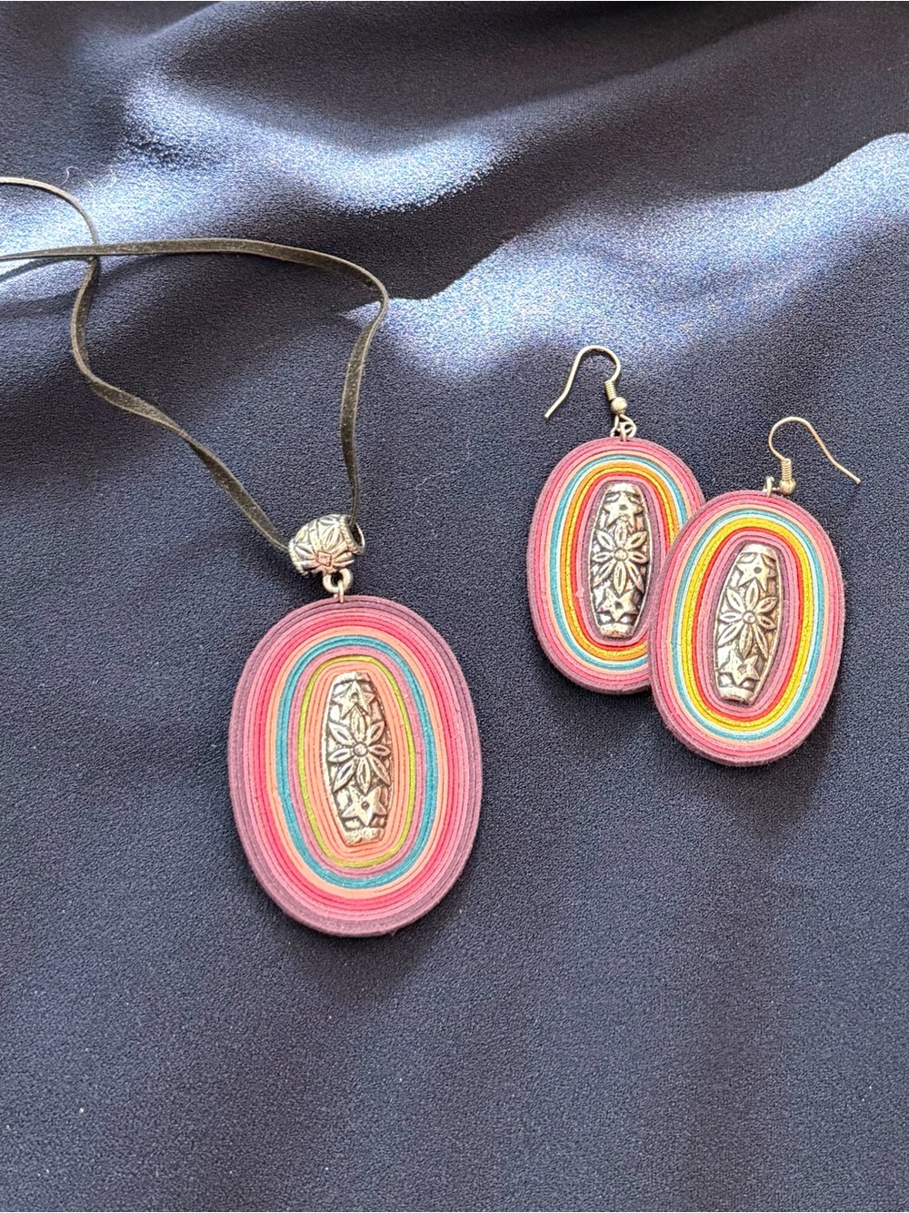 Handmade Pink Rainbow Layered Pendant Necklace & Earring Set